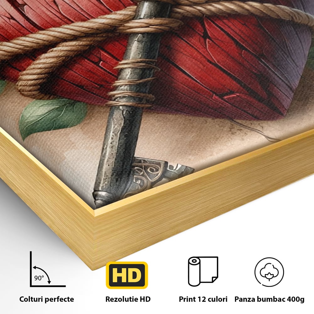 Detaliu al suprafetei: tablou canvas cu inima de lemn si cheie, in rama de aluminiu auriu